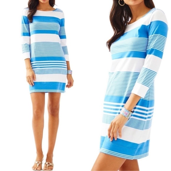Lilly Pulitzer Dresses & Skirts - Lilly Pulitzer Marlowe T Shirt Dress Blue Stripe Coastal Sz M 100% Pima cotton